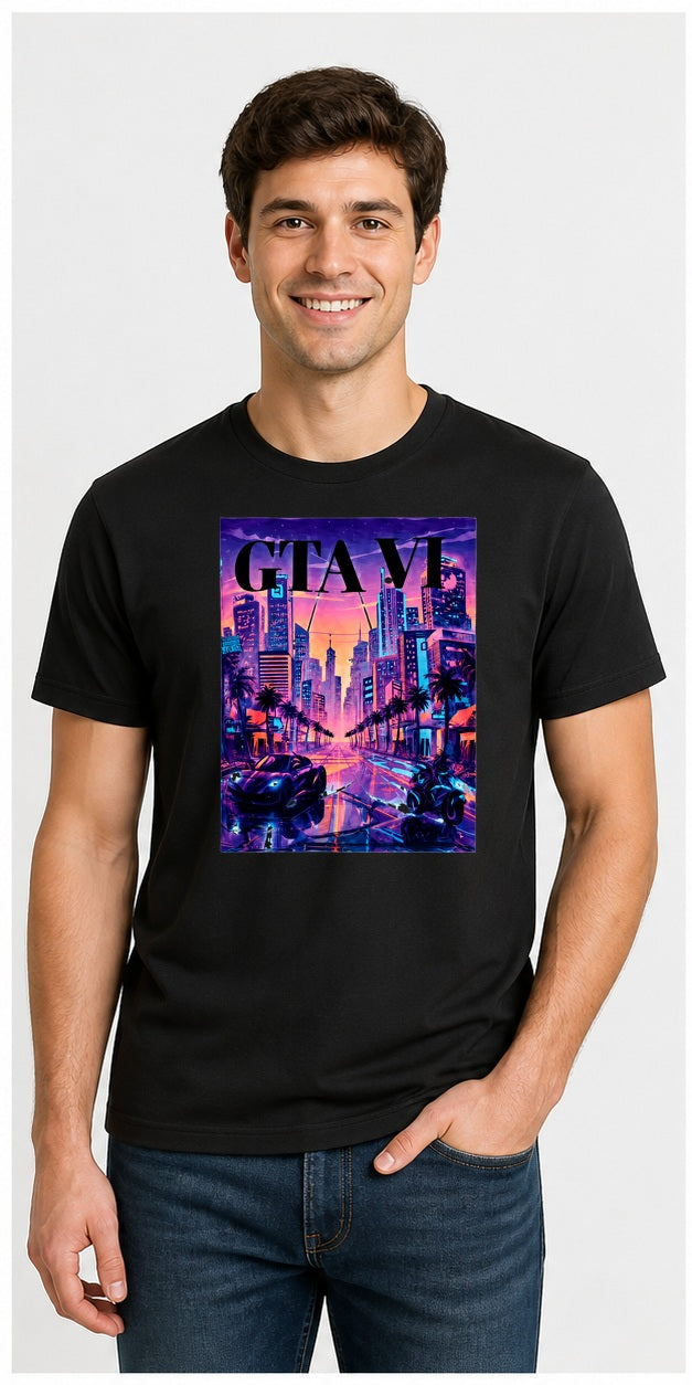 Model wearing GTA VI Vice City Skyline Black T-Shirt