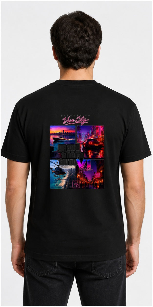 Model wearing Welcome To Vice City GTA VI Black T-Shirt