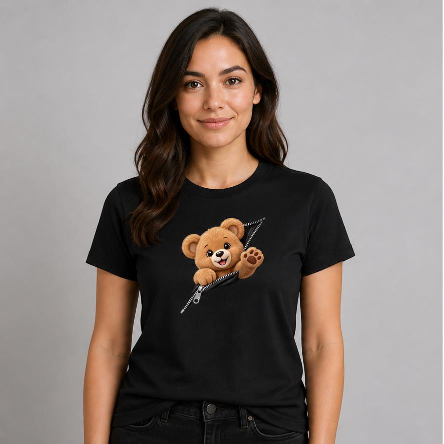 Zipper Teddy Bear Black T-Shirt model front