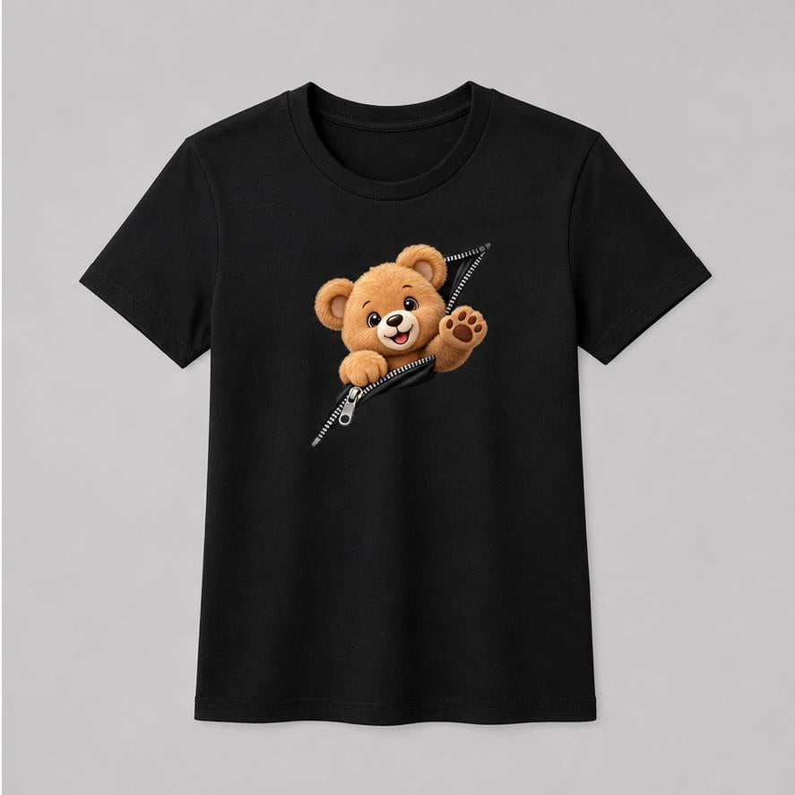 Zipper Teddy Bear Black T-Shirt shirt front